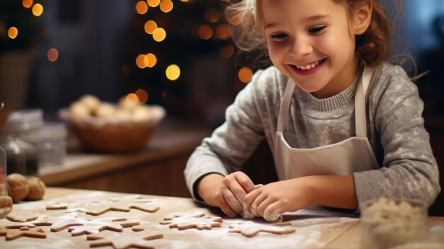 Foto una bambina felice e divertente che cuoce i biscotti di natale nell'accogliente cucina di casa design ai