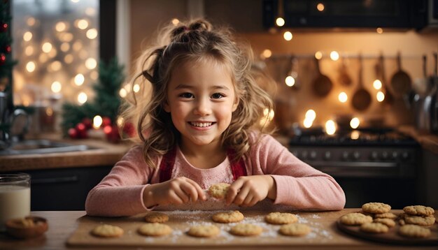 ハッピーな面白い小さな女の子が家で快適なキッチンでクリスマスクッキーを焼く