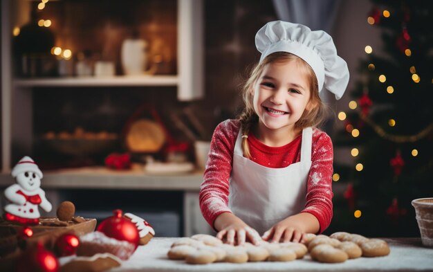 Happy funny little girl baking Christmas cookies on a cozy kitchen at home