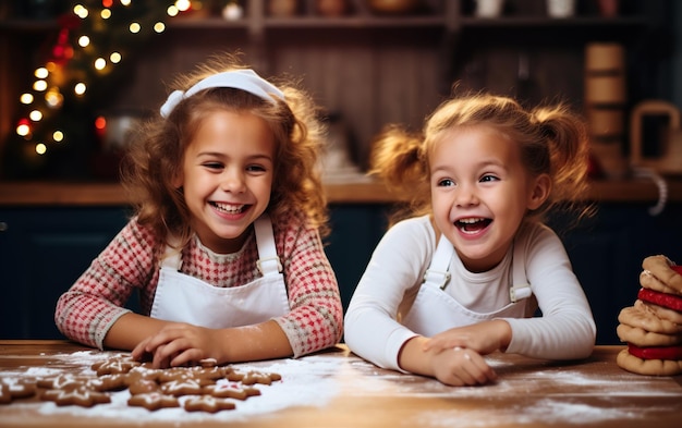 Happy funny little girls baking Christmas cookies on a cozy kitchen at home