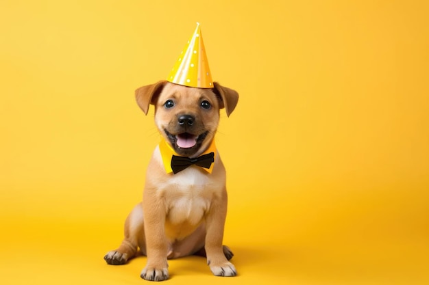 黄色い背景に隔離された帽子をかぶって誕生日パーティーを祝う幸せなおもしろい子犬