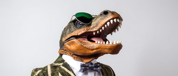 Foto happy funny t rex dinosauro sullo sfondo con spazio di copia per il testo