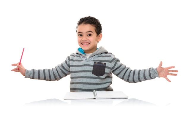 Happy Funny Young Schoolboy Studying Isolated