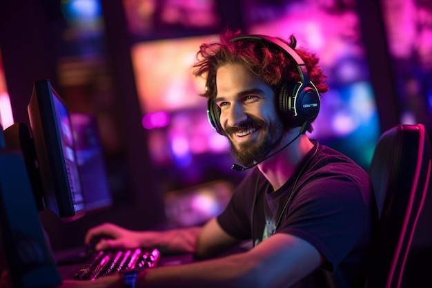 A happy gamer man wearing headphones is using a computer at night with Generative AI