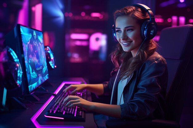 A happy gamer woman wearing headphones is using a computer at night with Generative AI