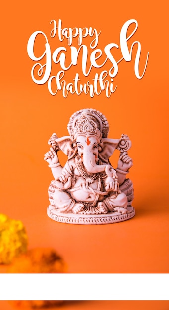 Happy ganesh chaturthi greeting card using photograph of lord ganapati idol or elephand god of hindu religion