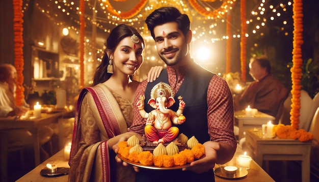 Happy ganesh chaturthi Indian couple carrying statue of Hindu god Ganesh and plate of sweet Modak
