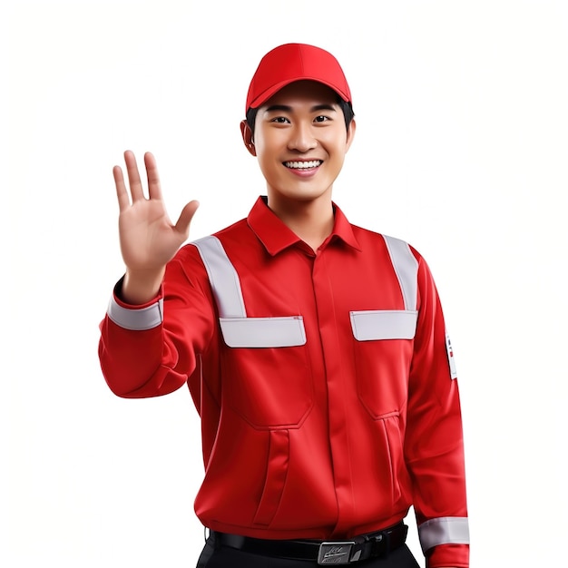 Happy gas station attendant wearing red uniform