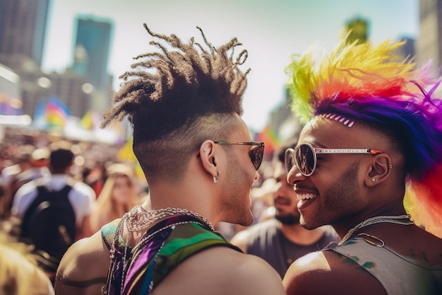 写真 ニューヨークのlgbtqプライドパレードで祝う幸せなゲイカップル 米国プライド月間祝賀会