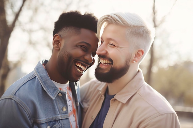 Happy gay couple having fun outside