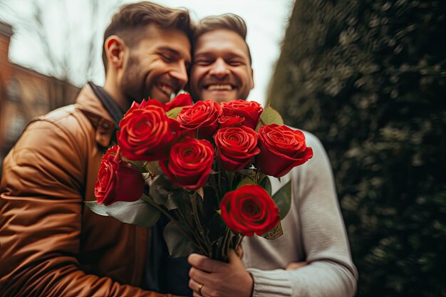 happy gay couple hugging while holding a bouquet of red roses on the street during Valentine's Day