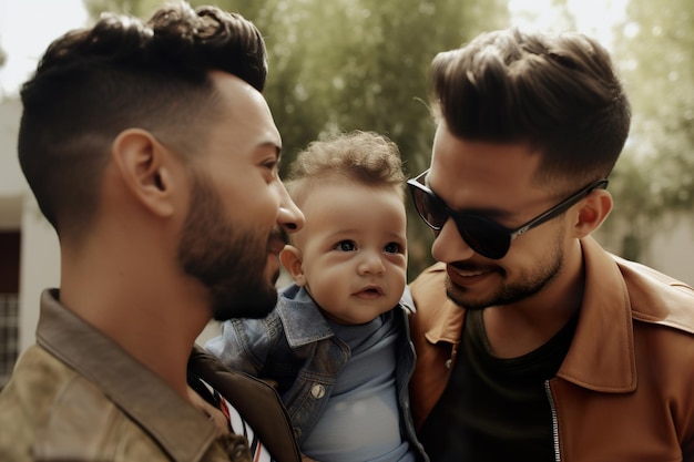 Foto coppia gay felice con bambino famiglia e relazione lgbtq diversità omosessualità partner con orientamento sessuale non tradizionale momento sensuale coppia dello stesso sesso che ha un figlio ia generativa