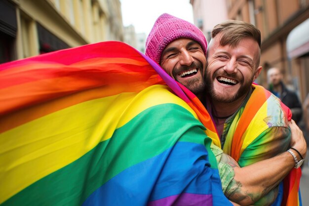 A happy gay couple wrapped in a rainbow flag representing lgbtq pride with one being european and the other african american expressing their love on the street