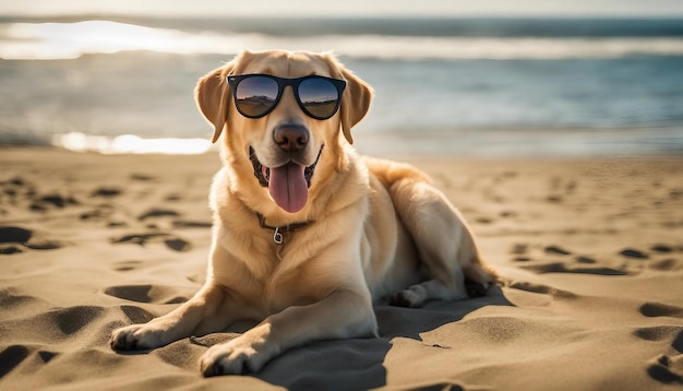 A happy German Shephard with sunglasses under the sunkissed California beach