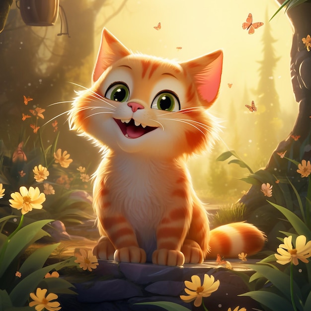 Счастливая рыжая кошка в стиле мультфильмов