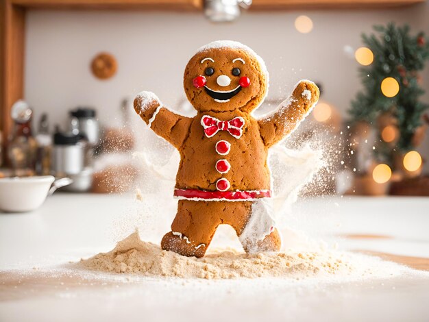 Photo a happy gingerbread man dancing on the kitchen table