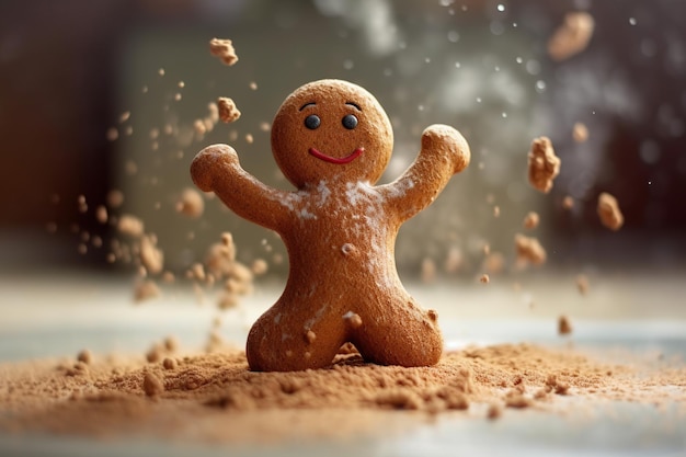 Happy gingerbread man playing with cinnamon on blurred background closeup