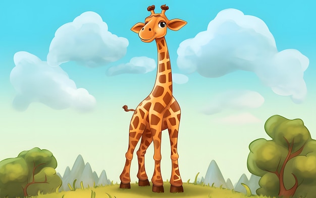 Happy Giraffe in Sunny Savanna with Blue Sky and Cartoonish Clouds