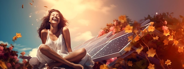 Happy girl on backdrop of a solar panel alternative source of energy