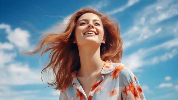 Happy girl on background of a summer blue sky with white clouds