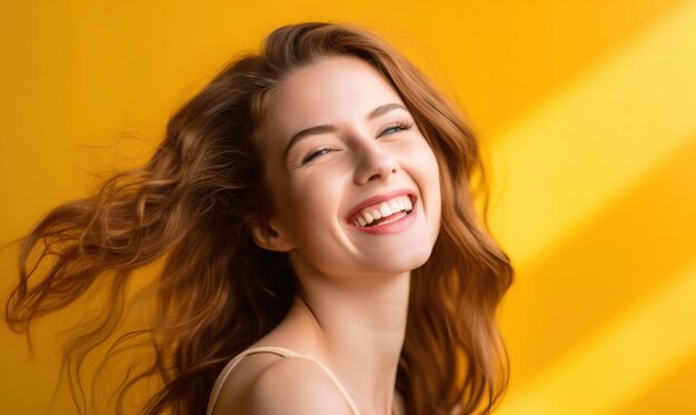 Happy girl on a bright yellow background