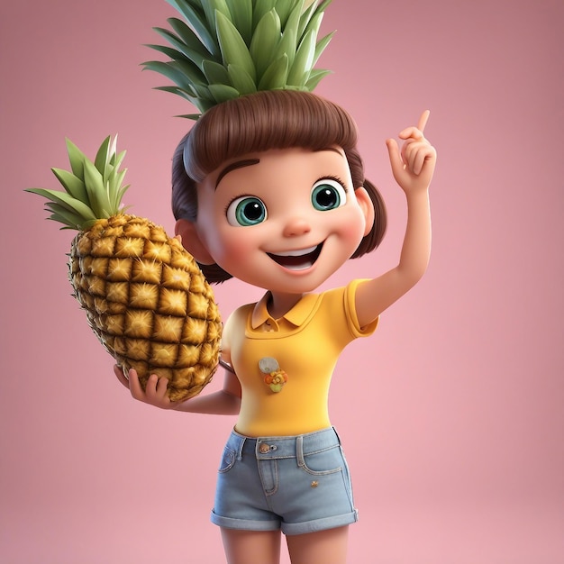 Happy girl cartoon character holding a pineapple generated by AI