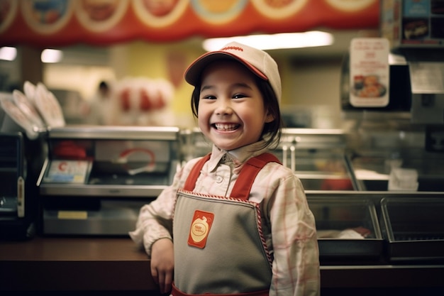 Happy girl in Cashier costume with Generative AI