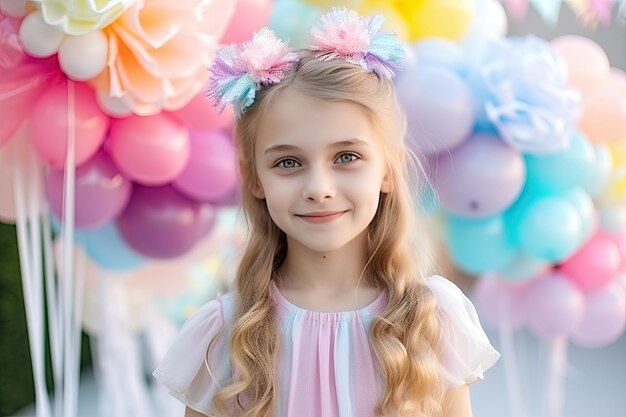 Photo happy girl celebrates her birthday unicorn party decoration with balloons in the style