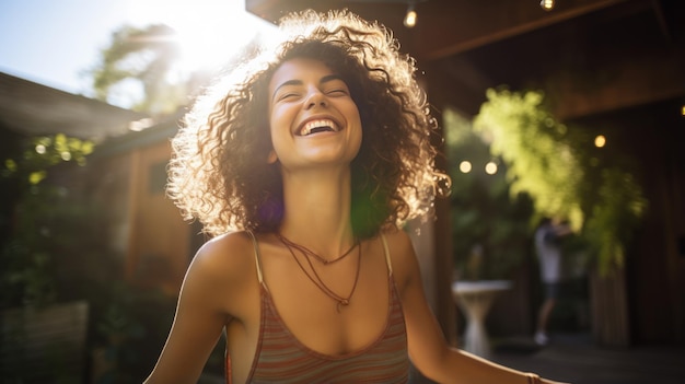 Happy girl dancing at an outdoor party