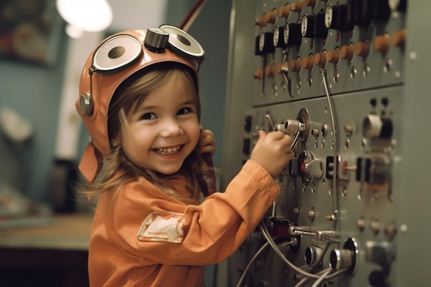 Happy girl in Electrician costume with Generative AI