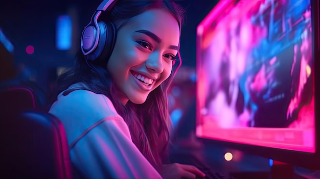 Happy girl an esports gamer player behind the monitor is happy to win an cybersports game competition Generative Ai