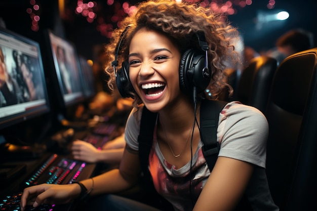 happy girl esports player joy at winning an cybersport competition