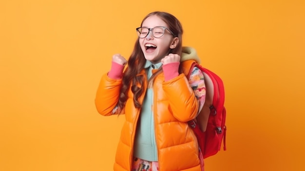 Happy girl in glasses with backpack on the orange background