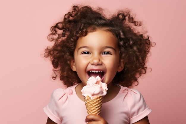 Счастливая девушка и ее рожок мороженого на розовом фоне