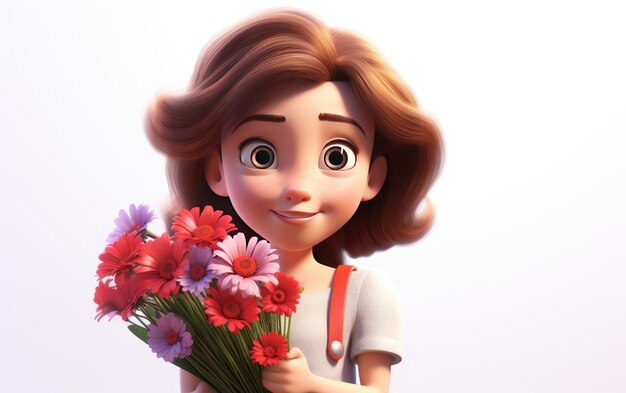 Фото Счастливая девушка с красивым букетом цветов 3d персонаж изолирован на белом фоне