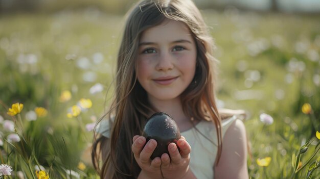 Photo happy girl holding a black chocolate easter egg