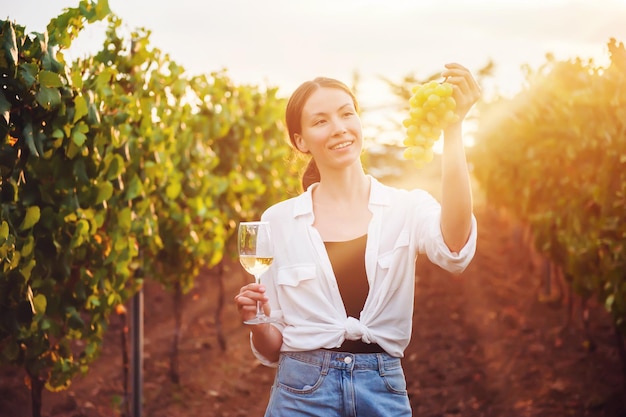 Happy girl holding a bunch of grapes and a glass of white wine against the backdrop of a vineyard at sunset in the sunlight