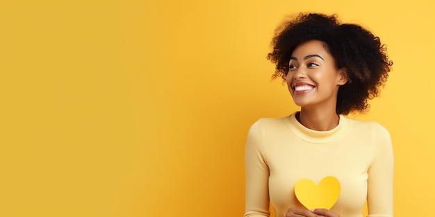 Happy girl holding a smartphone with hearts standing on a yellow background