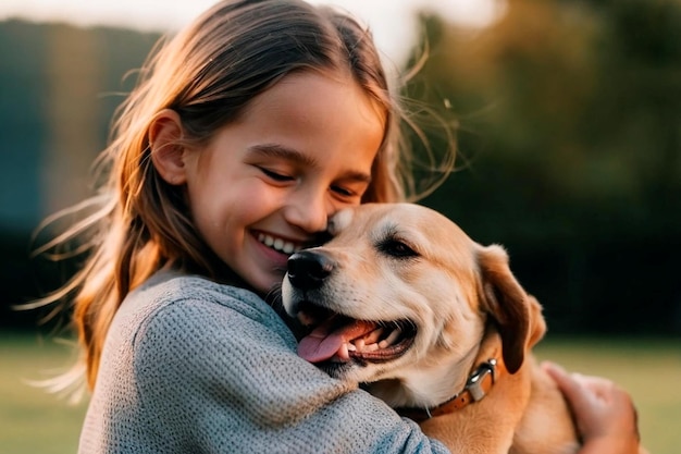 Happy girl hugging her pet dog