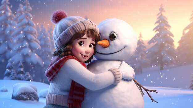 Photo happy girl hugging a snowman celebrating christmas illustration ai generativexd