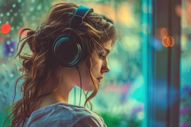 Happy Girl Immersed In Music