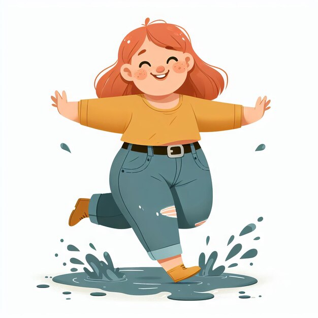 Happy girl jumping through puddles Flat style illustration