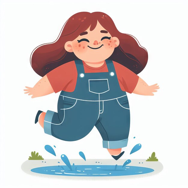 Happy girl jumping through puddles Flat style illustration