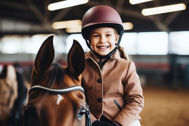 Photo happy girl kid at equitation lesson looking at camera generative ai