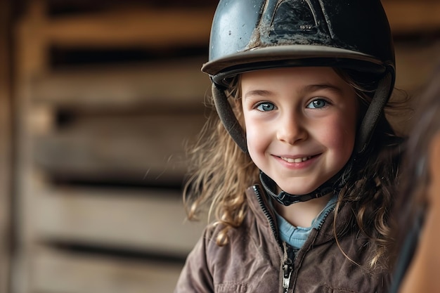 Happy girl kid learning how to ride a horse Generative AI