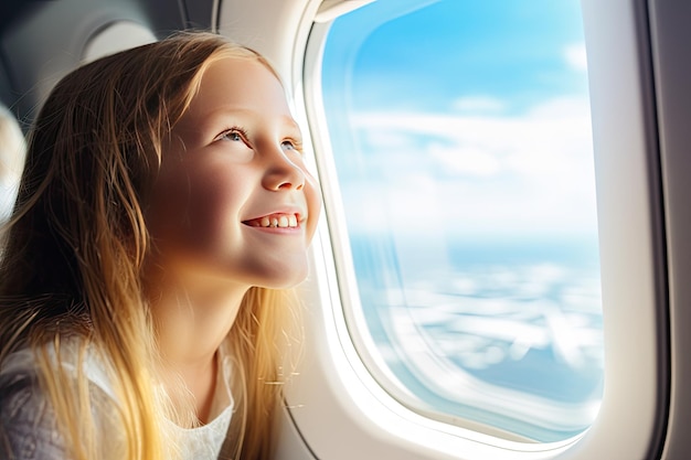 Photo happy girl looks at airplane window young girl in aircraft air flight family travel by plane generative ai illustration