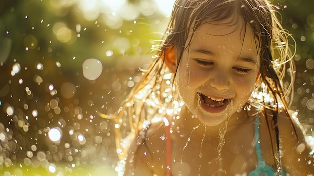 A happy girl in nature with grass sprinkler water and a big smile aig