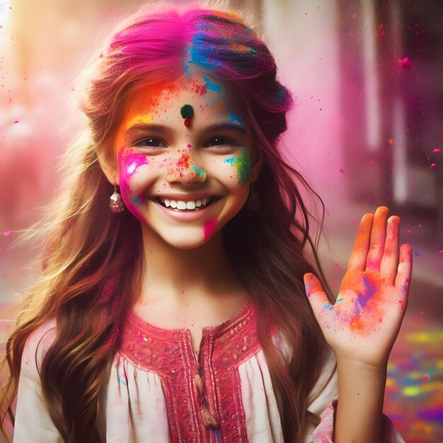 Happy girl in paint dust happy holi indian concept