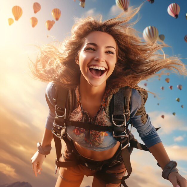 Happy girl parachutist on free fall blue sky Ai Generative