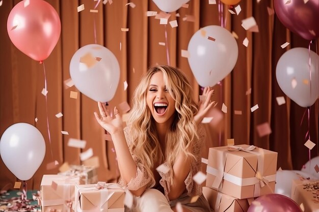 Happy girl on a pink background surrounded by multicolor balloons gift boxes and confetti festive